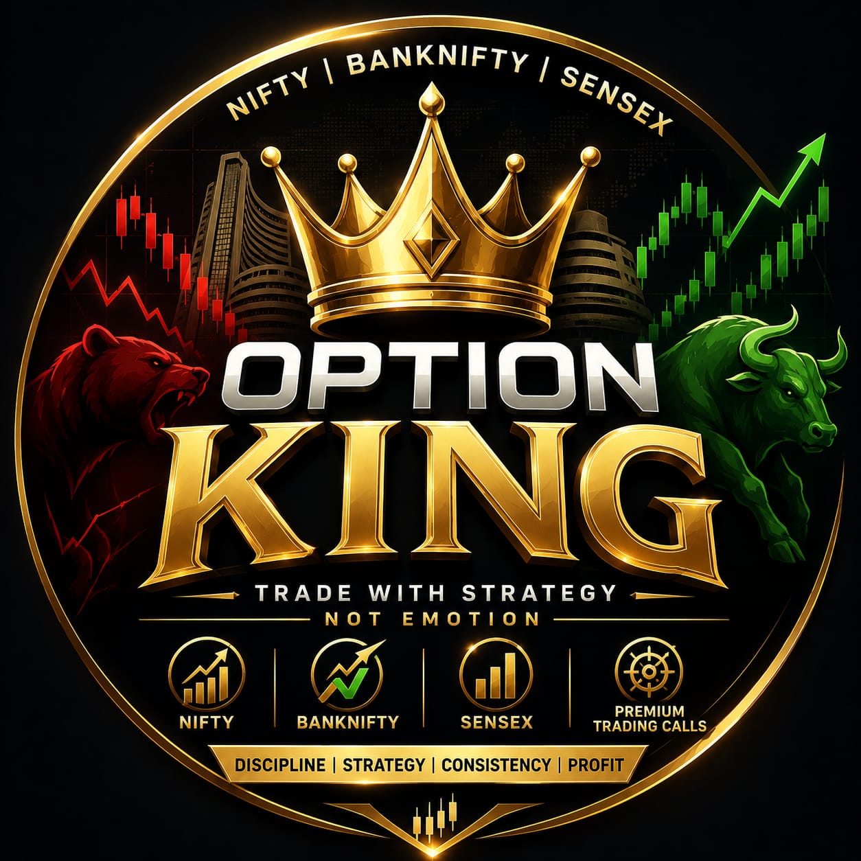 Options King logo - golden crown with bull and bear